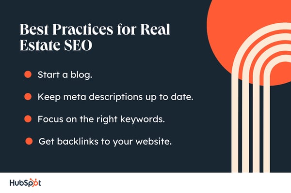 SEO real estate marketing best practices: Start a blog. Keep meta descriptions up to date. Focus on the right keywords. Get backlinks to your website.